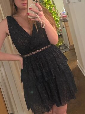 Self-Portrait Navy Lace Tiered V-Back Mini Dress